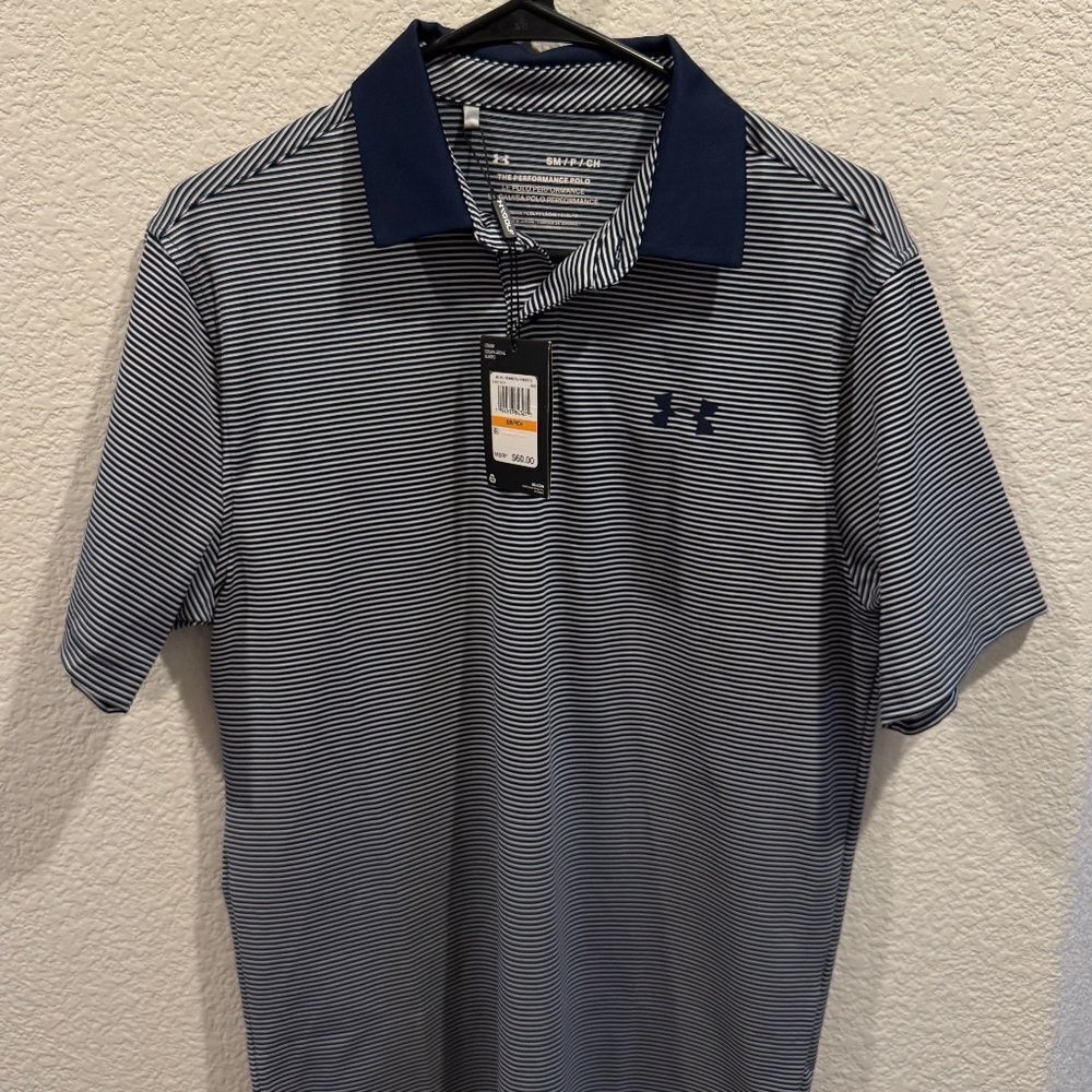 NWT Under Armour The Performance Polo Golf Blue White Strip Mens Size Small